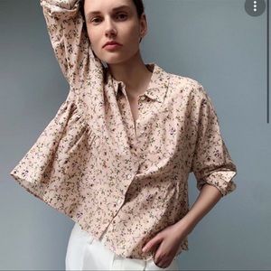 Zara Floral Babydoll Cropped Button Down Blouse Size XS